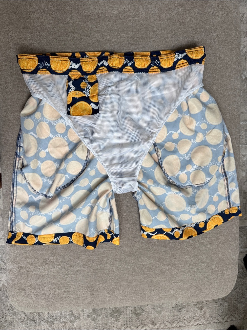 Men's Navy Swim Board Shorts with Yellow Citrus Print - Picture 4 of 8